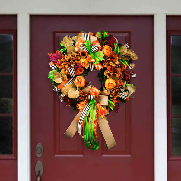 Floral wreath, elegant, evergreen, flowers, peonies, hydrangea, Autumn, fall, maple leaves, 26", door hanger, unique, decor W09221A