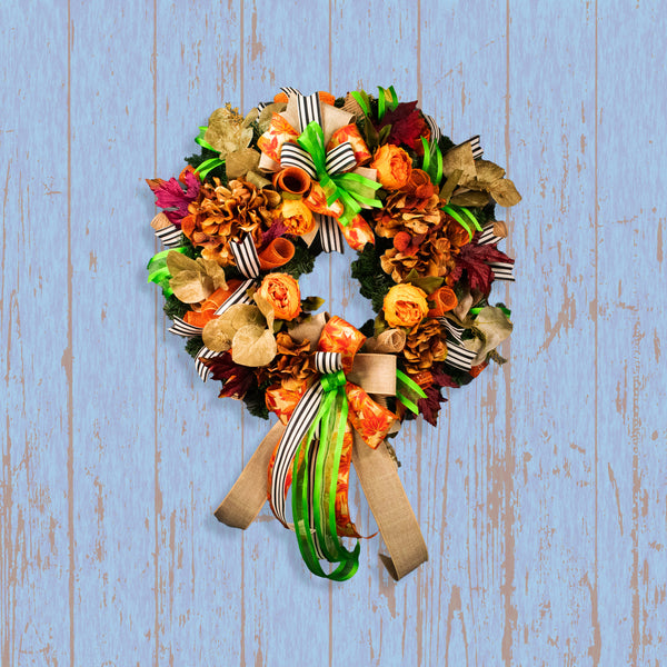 Floral wreath, elegant, evergreen, flowers, peonies, hydrangea, Autumn, fall, maple leaves, 26", door hanger, unique, decor W09221A