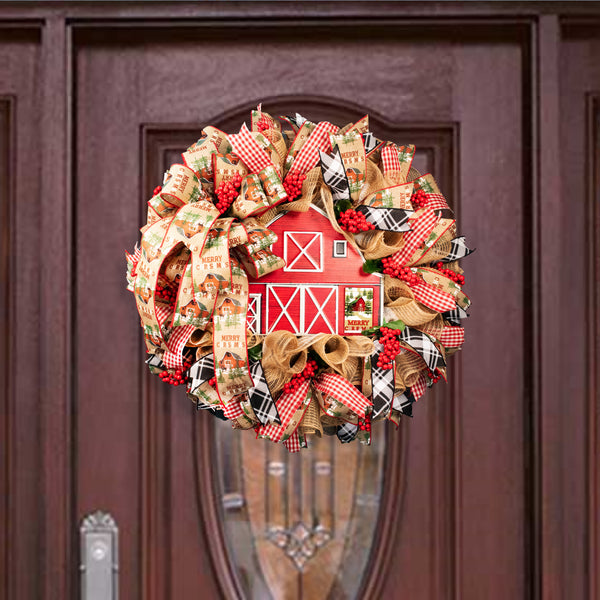 Christmas wreath, red barn, berries, door, hanger, holiday, large, 26" diameter, 10" depth. W09231A