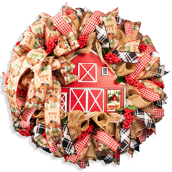 Christmas wreath, red barn, berries, door, hanger, holiday, large, 26" diameter, 10" depth. W09231A