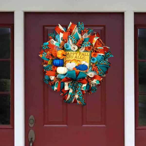 Autumn wreath, berries, pumpkins, orange, happy fall to all, 27", Fall decor, door, hanger.  W10011A