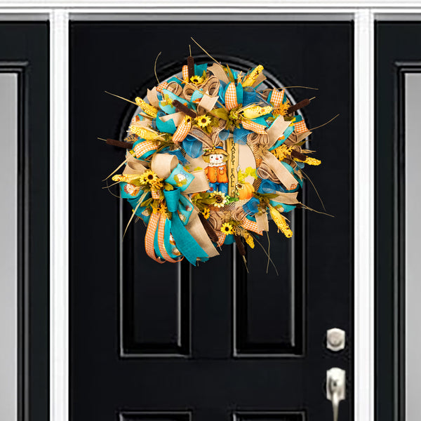 Autumn wreath, Scarecrow wreath, Happy Fall, farmhouse, 26" diameter, 10" deep, everyday, decor, door hanger. W10021A