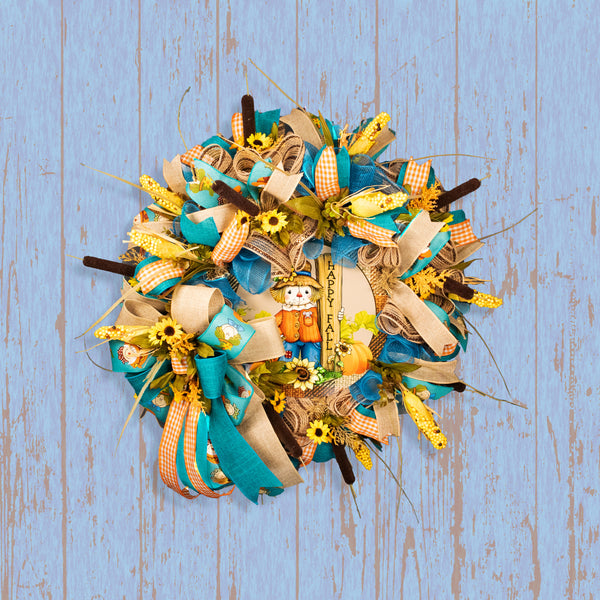 Autumn wreath, Scarecrow wreath, Happy Fall, farmhouse, 26" diameter, 10" deep, everyday, decor, door hanger. W10021A