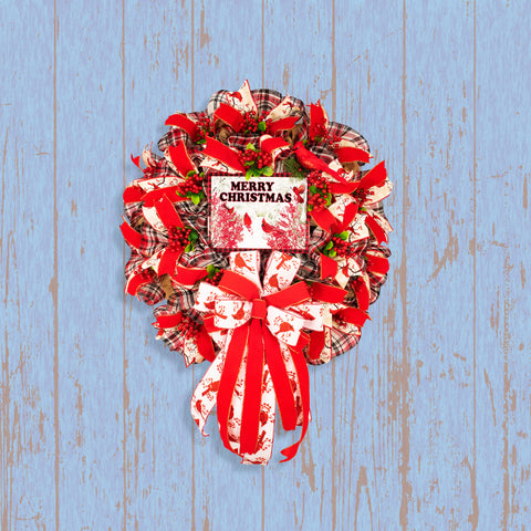 Christmas wreath, snow, cardinals, door hanger, front door decor, elegant, large 25", Merry Christmas W10211A