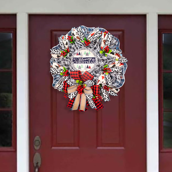 Christmas wreath, Christmas trees, leopard pattern, elegant red, black, and white, door, hanger, holiday, large, 26". W11171A