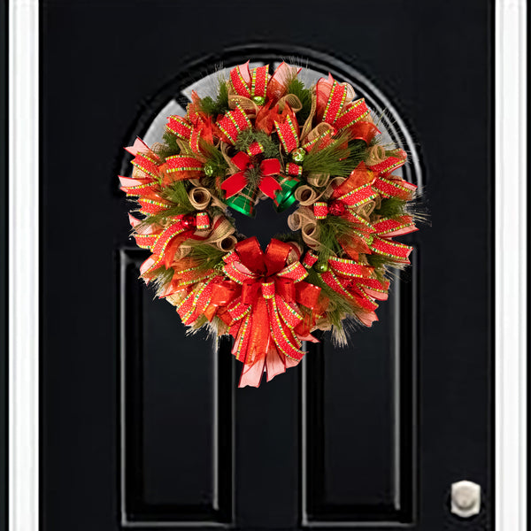 Christmas wreath, bell wreath, front door wreath, elegant red, gold. and green, door, hanger, holiday, large, 26" diameter. W11281A