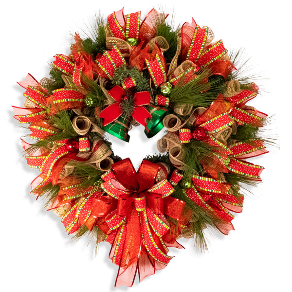 Christmas wreath, bell wreath, front door wreath, elegant red, gold. and green, door, hanger, holiday, large, 26" diameter. W11281A