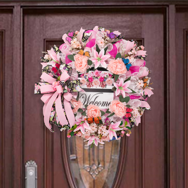 Welcome wreath, floral wreath, butterflies, everyday wreath, front door wreath, door hanger, floral, luxurious, peonies, lilies, 26" W20207A
