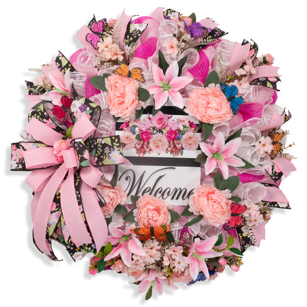 Welcome wreath, floral wreath, butterflies, everyday wreath, front door wreath, door hanger, floral, luxurious, peonies, lilies, 26" W20207A