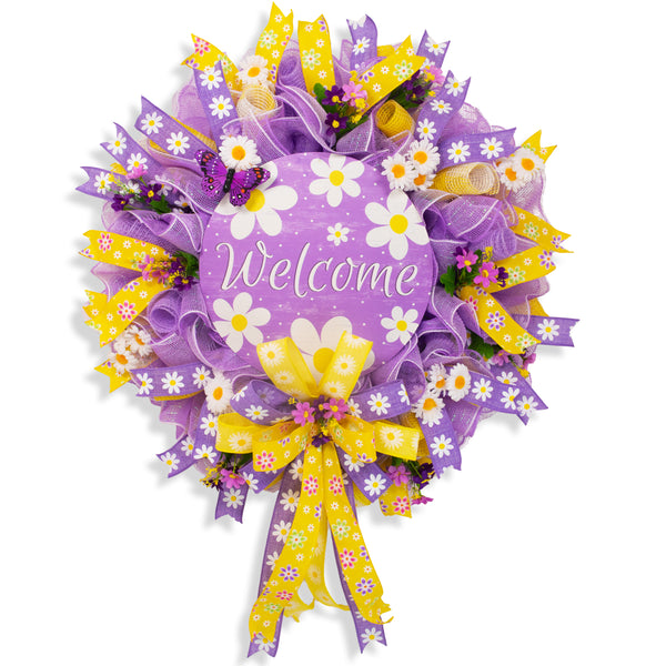 Welcome wreath, everyday wreath, front door wreath, door hanger, floral wreath, purple, yellow, daisies, 26" W20218A
