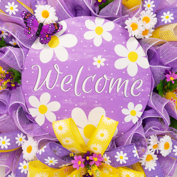 Welcome wreath, everyday wreath, front door wreath, door hanger, floral wreath, purple, yellow, daisies, 26" W20218A