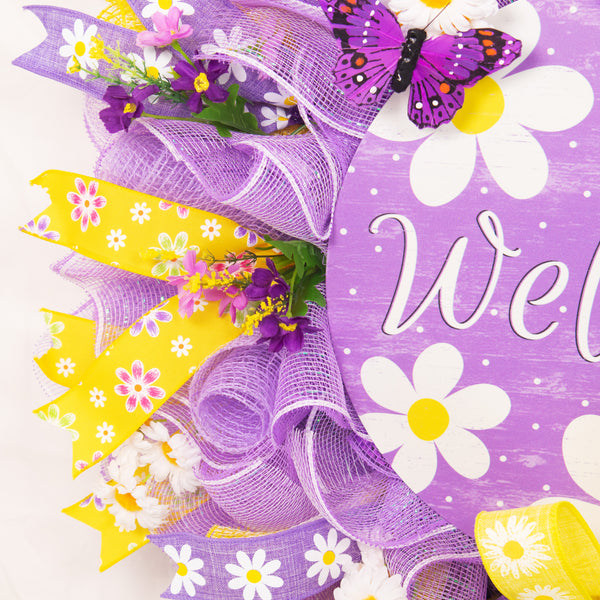 Welcome wreath, everyday wreath, front door wreath, door hanger, floral wreath, purple, yellow, daisies, 26" W20218A