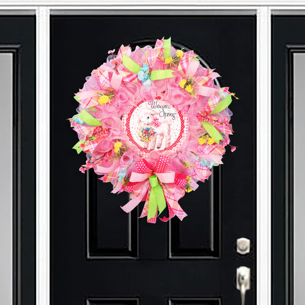 Spring wreath, floral wreath, everyday wreath, front door wreath, welcome wreath, door hanger, floral, pastel, lamb, flowers 27" W20225A
