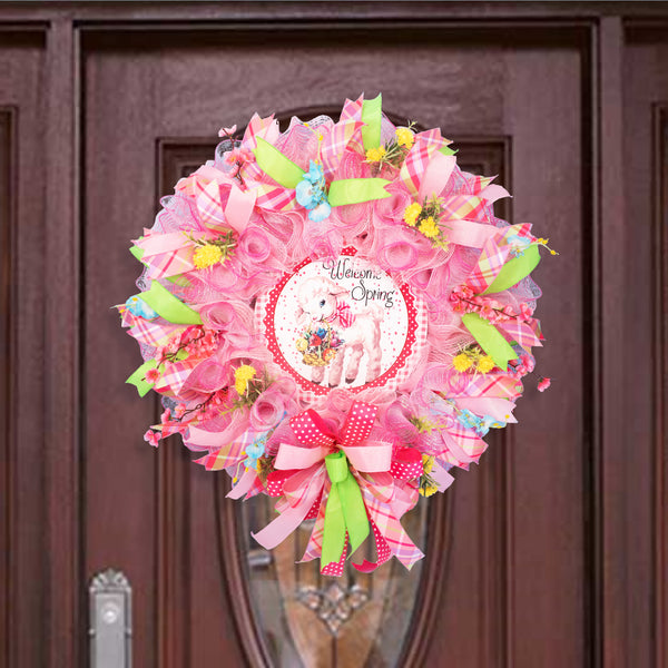 Spring wreath, floral wreath, everyday wreath, front door wreath, welcome wreath, door hanger, floral, pastel, lamb, flowers 27" W20225A