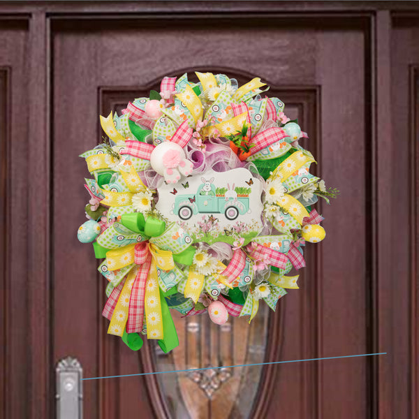 Easter wreath, bunny, pickup, truck, wreath, floral, front door, door hanger, Easter eggs, spring 24". W20307A