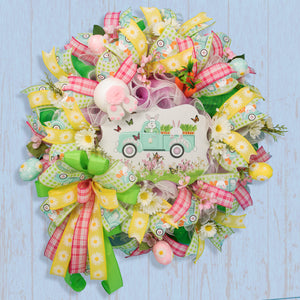 Easter wreath, bunny, pickup, truck, wreath, floral, front door, door hanger, Easter eggs, spring 24". W20307A