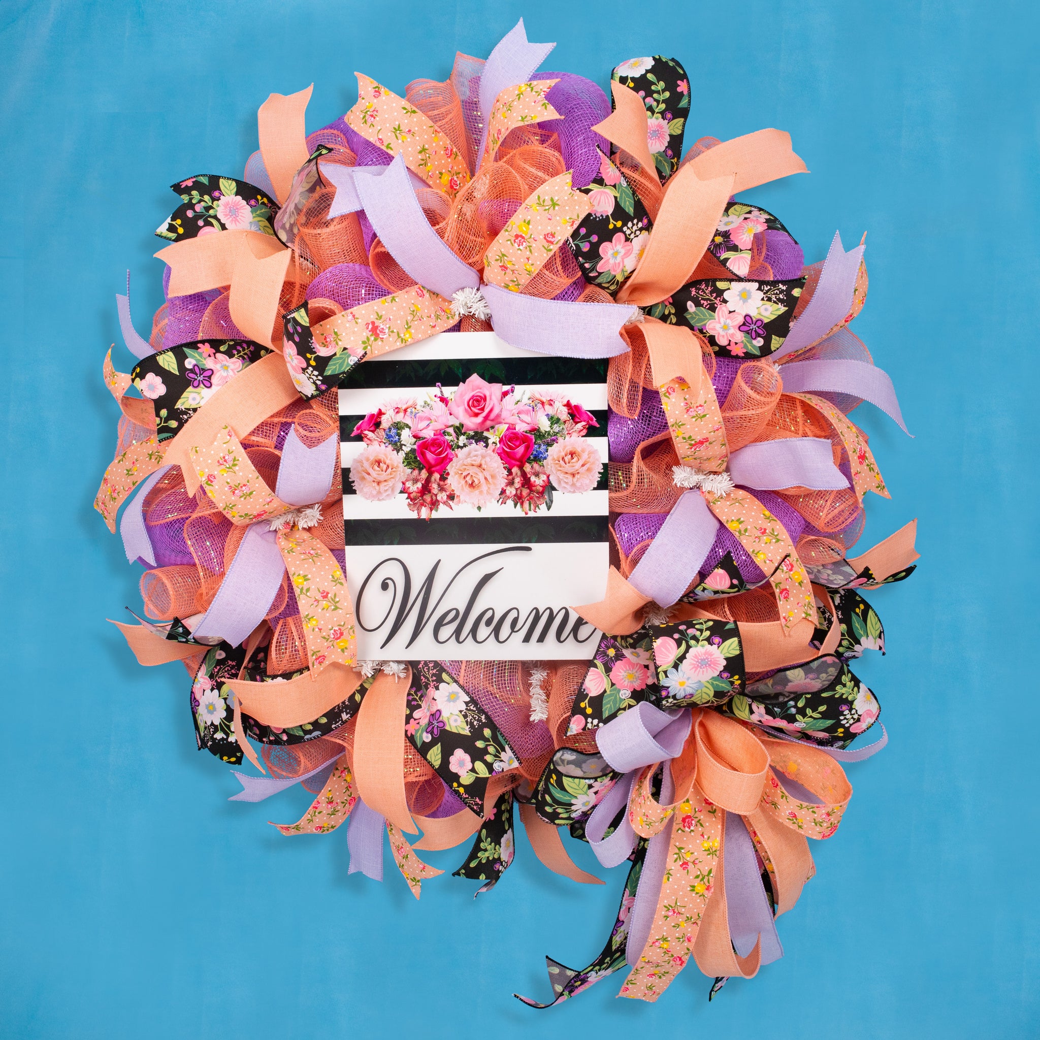 Welcome wreath, everyday wreath, front door wreath, door hanger, floral sign, peach, lavender pastel, 26" W20409B
