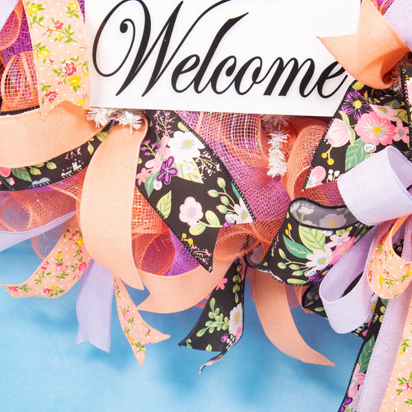 Welcome wreath, everyday wreath, front door wreath, door hanger, floral sign, peach, lavender pastel, 26" W20409B