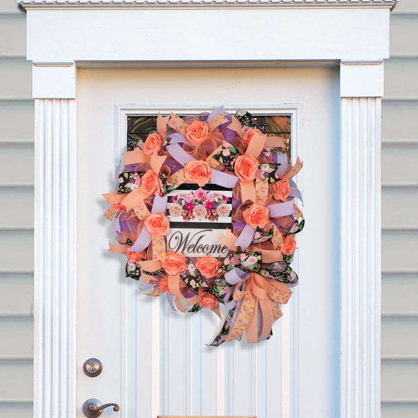 Welcome wreath, everyday wreath, front door wreath, door hanger, gift, floral, coral, rose,  lavender, pastel, 26" W20424A