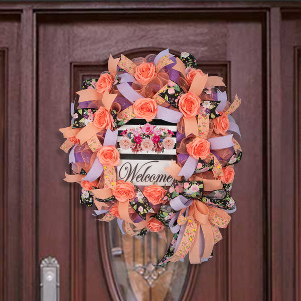 Welcome wreath, everyday wreath, front door wreath, door hanger, gift, floral, coral, rose,  lavender, pastel, 26" W20424A