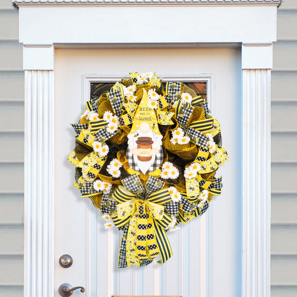 Farmhouse wreath, gnome wreath, everyday wreath, bees, floral wreath, front door wreath, door hanger 25"   W20521A