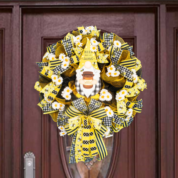 Farmhouse wreath, gnome wreath, everyday wreath, bees, floral wreath, front door wreath, door hanger 25"   W20521A