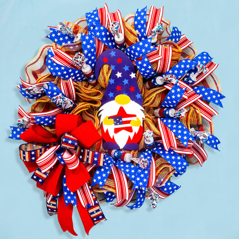 4th of July wreath, patriotic wreath, gnome wreath, independence day, USA, whimsical, red, white, blue 24" W20604A