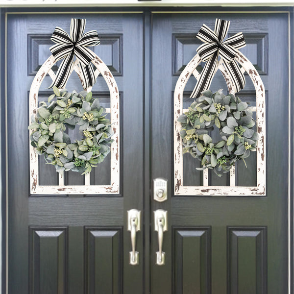 Farmhouse wreath, everyday wreath, grapevine wreath, cathedral arch window pane, front door wreath, door hanger, lamb's ear, 28" W20609A