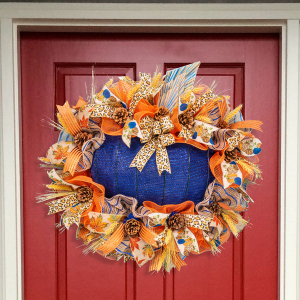 Pumpkin wreath, fall wreath, Thanksgiving wreath, Autumn, stylish  27" for front door, wall, or hearth.  W20716A