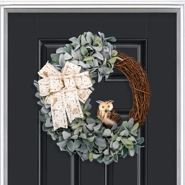 Grapevine wreath, owl wreath, lambs ear wreath, front door wreath, door hanger, gift, 23" x 27".  W20806A