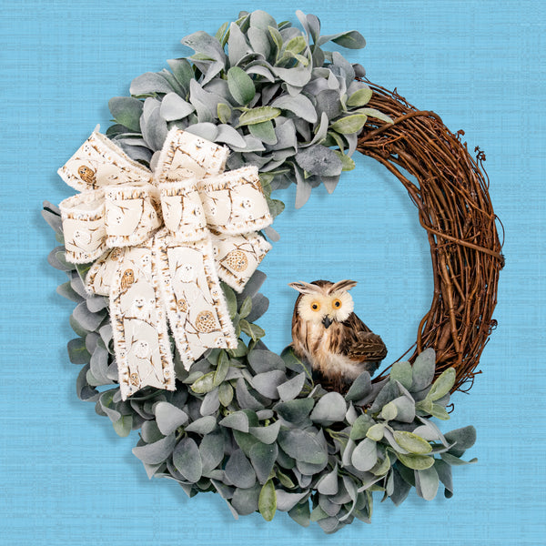 Grapevine wreath, owl wreath, lambs ear wreath, front door wreath, door hanger, gift, 23" x 27".  W20806A