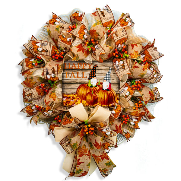 Gnome wreath, pumpkin wreath, floral wreath, fall/autumn wreath, front door wreath, door hanger 26" W20811A