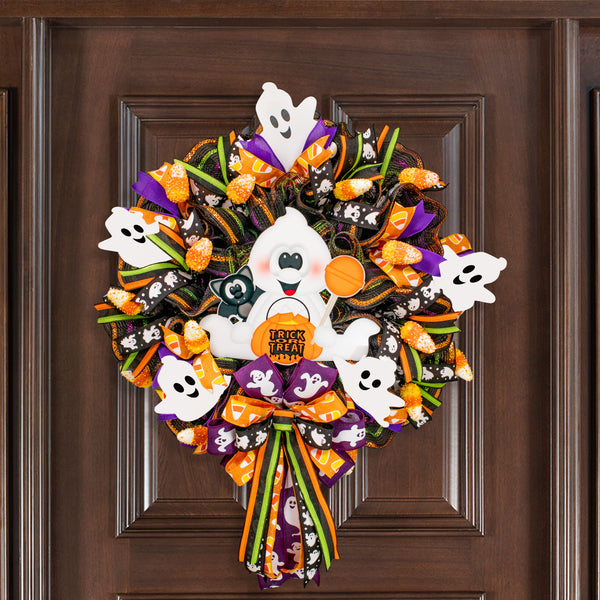 Halloween wreath, ghost wreath, lighted wreath, trick or treat, front door wreath, door, hanger. W21014A