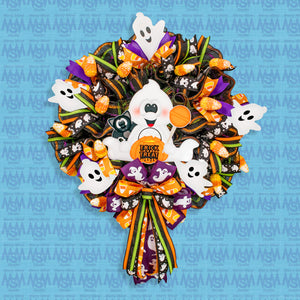 Halloween wreath, ghost wreath, lighted wreath, trick or treat, front door wreath, door, hanger. W21014A
