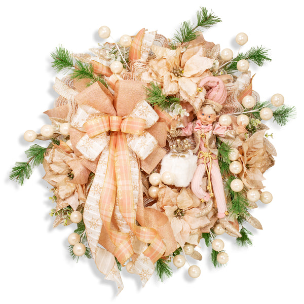 Christmas 28" glam wreath with a whimsical decorative elf, plush package, velvet poinsettias, ball sprays, and evergreens. W21106A