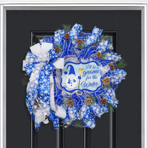 Gnome snowman wreath 26" blue and white with snow flocked pine sprigs and real pine cones. For door or wall. W21117A
