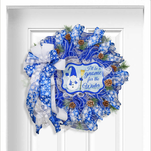 Gnome snowman wreath 26" blue and white with snow flocked pine sprigs and real pine cones. For door or wall. W21117A