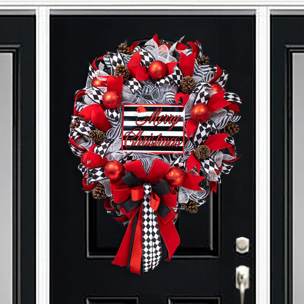 Christmas wreath luxurious, dazzling, full-bodied, XL 29" x 41" in a stunning red black motif with red balls and real pine cones.  W21127A