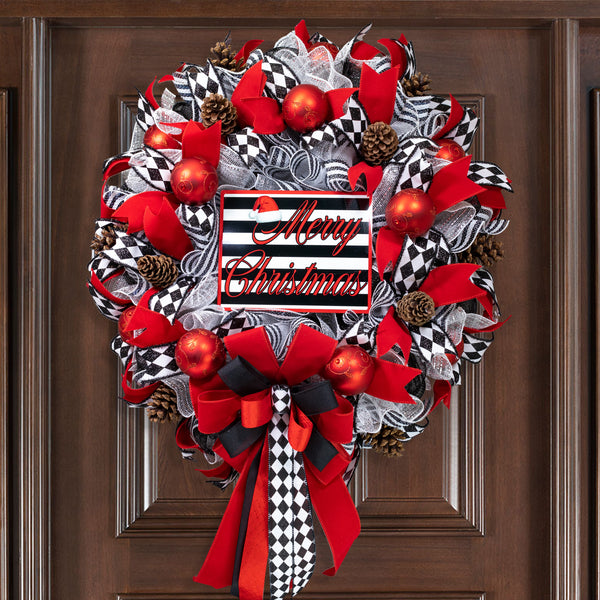 Christmas wreath luxurious, dazzling, full-bodied, XL 29" x 41" in a stunning red black motif with red balls and real pine cones.  W21127A