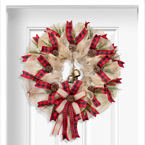 Christmas wreath, 25" with real bells, premium buffalo plaid ribbon, real pine cones. W211204A