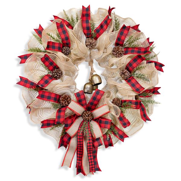 Christmas wreath, 25" with real bells, premium buffalo plaid ribbon, real pine cones. W211204A