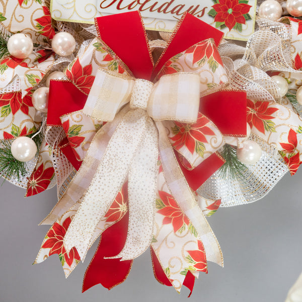 Happy Holidays Christmas season glam wreath, poinsettia motif, full bodied 27in, premium pattern ribbons, ball ornaments, greenery. W21211A