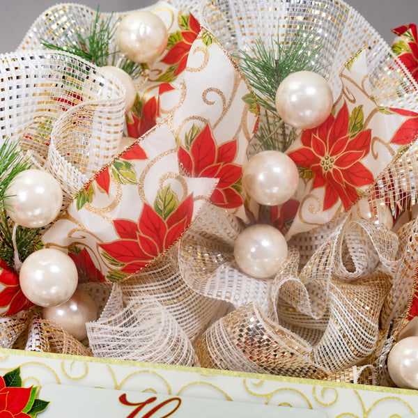Happy Holidays Christmas season glam wreath, poinsettia motif, full bodied 27in, premium pattern ribbons, ball ornaments, greenery. W21211A