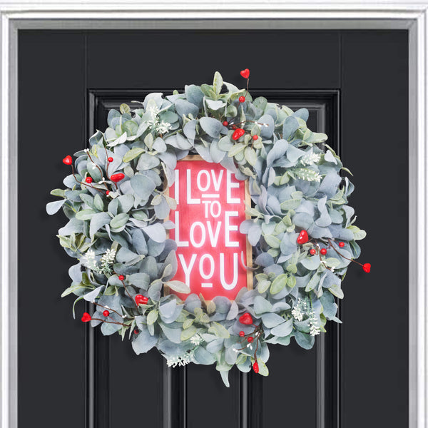 Valentines day wreath, Grapevine wreath, lambs ear wreath, front door, door hanger, gift, 27" W30114A