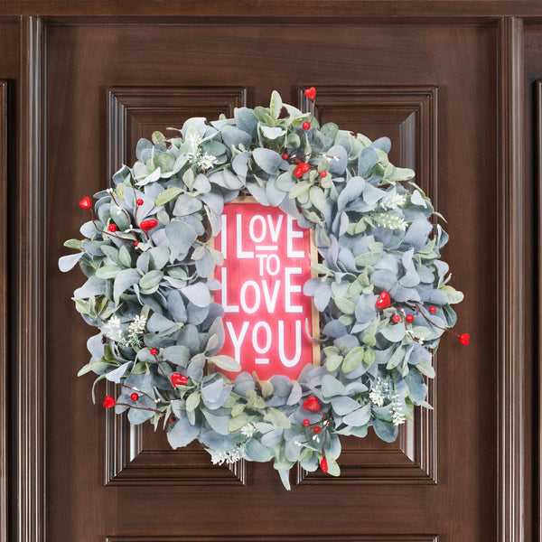 Valentines day wreath, Grapevine wreath, lambs ear wreath, front door, door hanger, gift, 27" W30114A