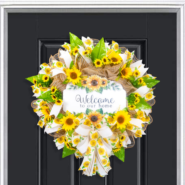 Welcome wreath, sunflower wreath, farmhouse wreath, floral wreath, everyday wreath, front door, door hanger, gift, large, 27”. W30305A