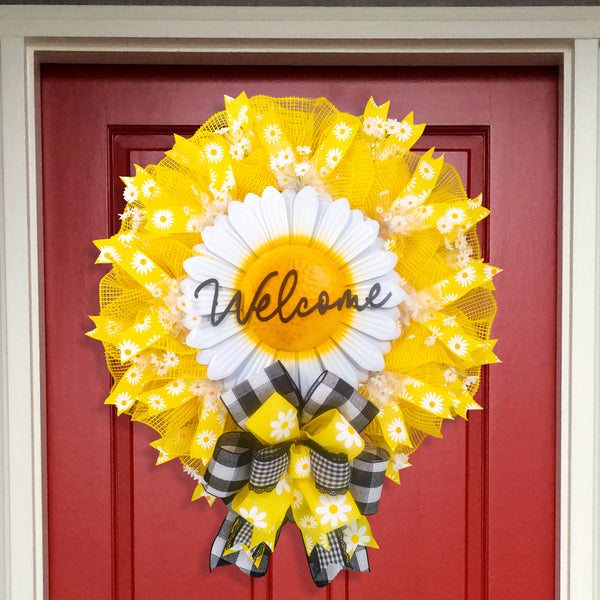 Welcome wreath, floral wreath, farmhouse wreath, daisies, spring-summer, front door, door hanger, 25" W30311A