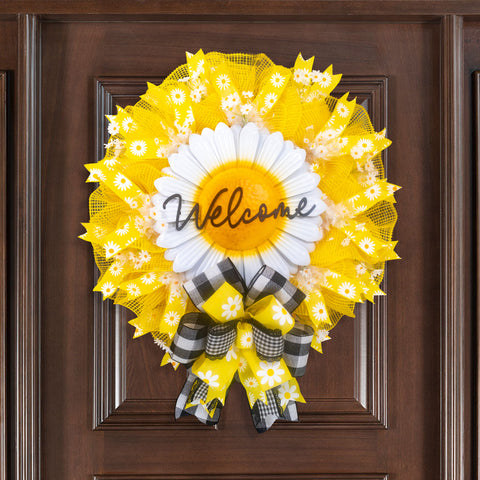 Welcome wreath, floral wreath, farmhouse wreath, daisies, spring-summer, front door, door hanger, 25" W30311A