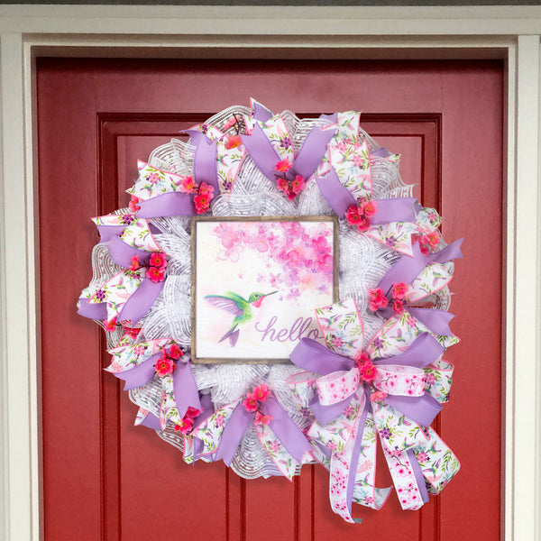 Hummingbird wreath, welcome, hello, everyday wreath, cherry blossom, front door, door hanger, floral, purple, pink, pastel, 26" W30316A