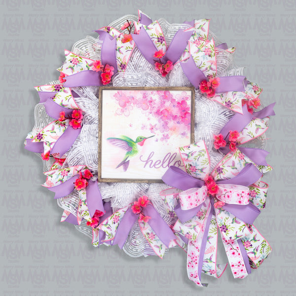 Hummingbird wreath, welcome, hello, everyday wreath, cherry blossom, front door, door hanger, floral, purple, pink, pastel, 26" W30316A